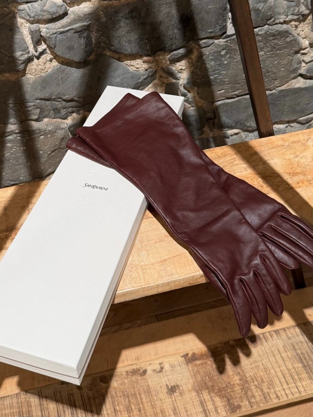 Saint Laurent Burgundy Leather Long Gloves